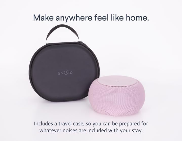 SNOOZ Pro white noise machine next to its black travel case