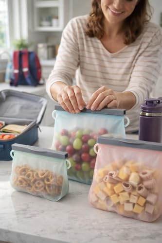 Reusable Silicone Food Storage Bags: Leak-Reistent Stand-up Pouches for Meal Prep, Sandwiches, Snacks, Baby Food, 3 Pack (500ml, 1000ml, 1500ml). BPA-Free, Freezer and Dishwasher Safe, Eco-Friendly - Thumbnail 3