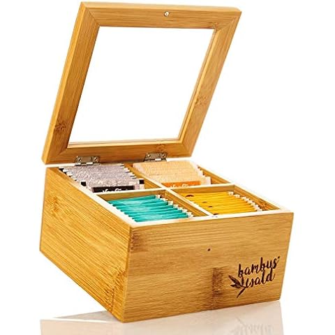 bambuswald© Ecological Tea Box with 4 compartments Made of Natural Bamboo - 100% Sustainable Tea Box | Tea Bag Box with Viewing Window & Hinges for Flavour Protection - Decorative, Elegant, Practical Cover