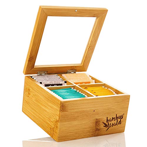 bambuswald© boîte à thé écologique à 4 compartiments en bambou naturel - boîte à thé 100% durable | Boîte à sachets avec fenêtre et charnières pour la protection des arômes - élégante et pratique Cover