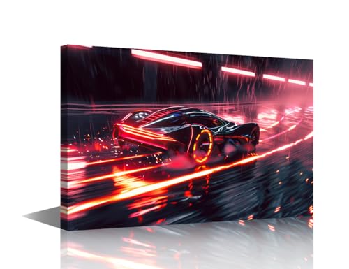Lienzo de coche de lujo listo para colgar con arte moderno de luces rojas para dormitorio
