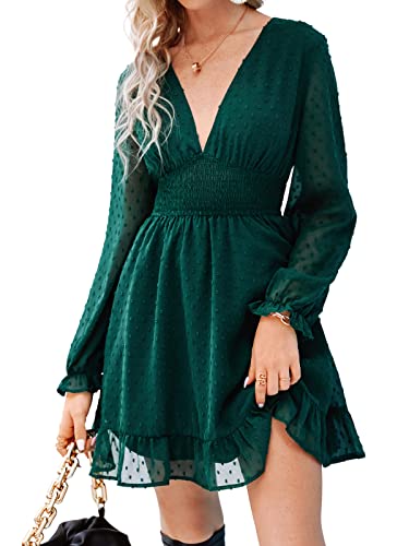 CUPSHE Damen Kleid Minikleid V Ausschnitt Langarm Rüschensaum Chiffon A...
