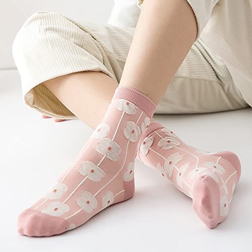 Women Vintage Pink Floral Patterned Cute Ruffle Cotton Ankle Socks 5 Pairs2