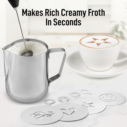 Image of Zulay Premium Gift Milk Frother Set - Handheld Coffee Frother with Stand, 12oz /350ml Frothing Pitcher + 4 Latte Art Stencils - 13,000 RPM Motor, SS Whisk, Battery Operated - Barista Kit (Black)