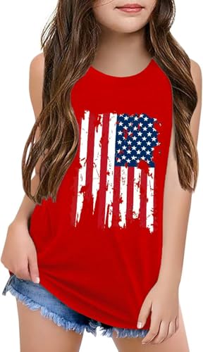 Image of Qbily Tank Tops for Girls Kids Summer Casual Cute Sleeveless Crewneck Graphic T Shirt 5-14 Years