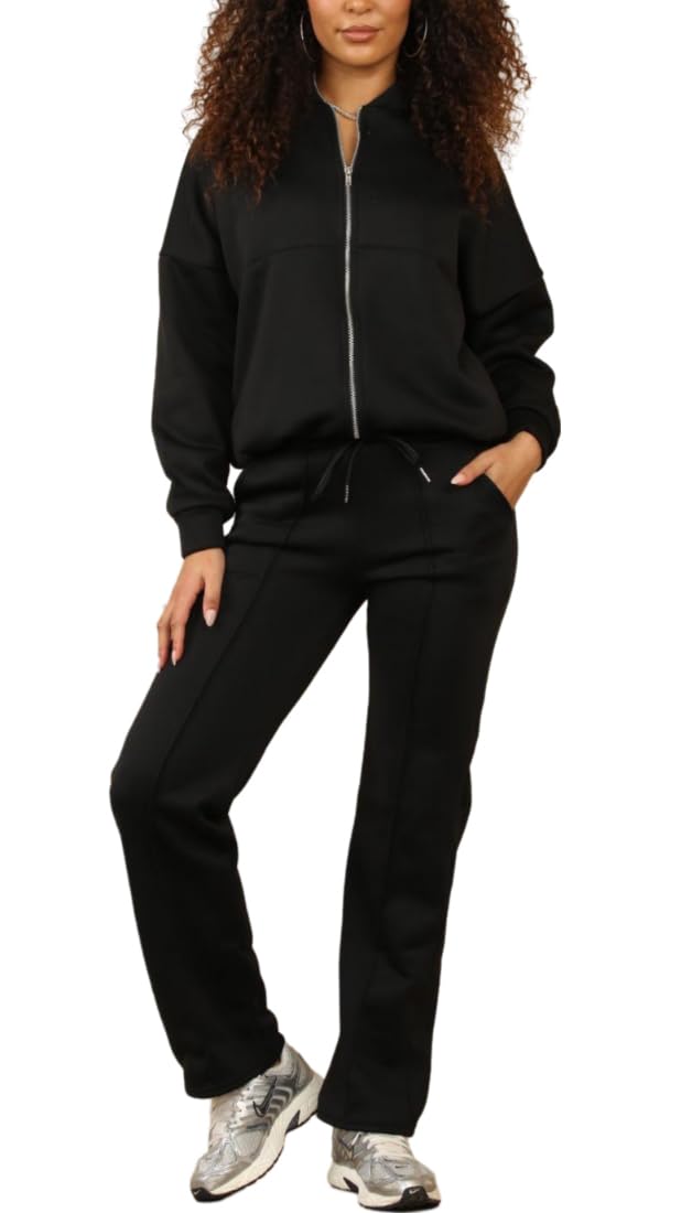 FAIRY TRENDZ Womens Fleece Loungewear Bomber Zipper Jacket Tracksuit Ladies Long Sleeve 2piece Lightweight Tops And Trouser Set