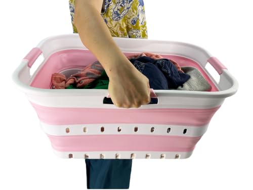Image of SAMMART 42 (11 Gallons) Collapsible Plastic Laundry Basket, Foldable Pop Up Storage Container /Organizer, Space Saving Hamper, Portable Bin for Dorm Room Bathroom (1, White /Cherry Pink)