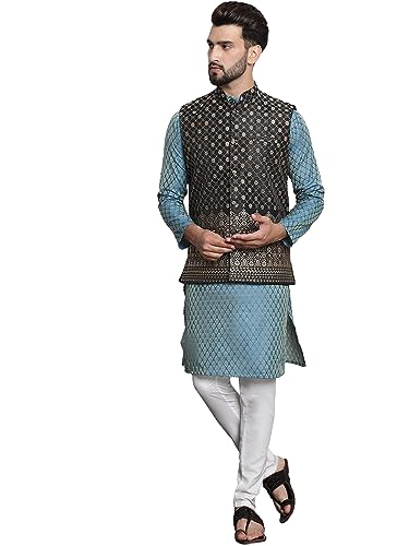 Image of SOJANYA (Since 1958 Men's Jacquard Silk Kurta and Pyjama with Nehru Jacket