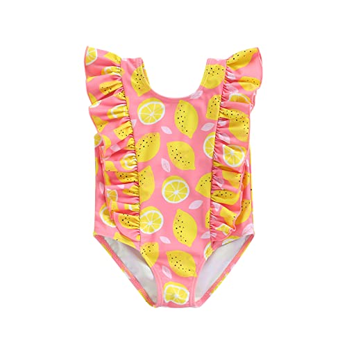 Cubbkeai Toddler Baby Girl Ruffled Swimsuit One Piece Lemon Palm Leaves Print Sleeveless Swimwear Bikini Bathing Suit Beachwear (Orange, 4-5T)