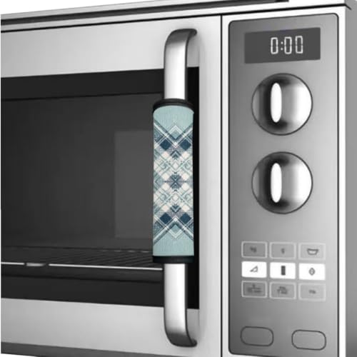 Image of 6 Pcs Refrigerator Microwave Door Handle Covers Electrical Appliances Handle Protector Keep Clean and Protected from Oil Stains, Fingerprints, Liquids, Green Blue Plaid