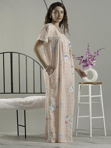 Image of 9shines Label Stylish Chikankari Cotton Nighty Maxi for Women | Full Length Nightgown | Nightdress with Pocket | Embroidery Nighty | Soft Comfortable Cotton Nightwear (1545)
