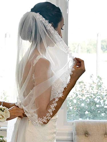 Heread Lace Bride Wedding Veil White 1 Tier Elbow Waist Length Short Bridal Tulle Veils With Comb For Women And Girls #TOP19