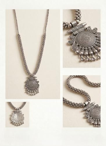 Image of Oxidised Long Necklace and Earrings Set | Traditional Ethnic Tribal Design | Dual-Layer Beaded Chain with Circular Pendant | For Women and Girls