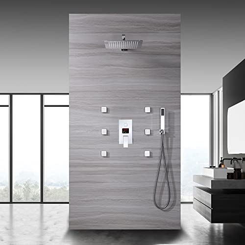 Cascada Digital 12” Sistema de Ducha Montado en Pared con Control Monocomando y Pantalla LCD, 3 Funciones (Lluvia, Jets Corporales y Ducha de Mano) (Negro Mate) miniatura 3