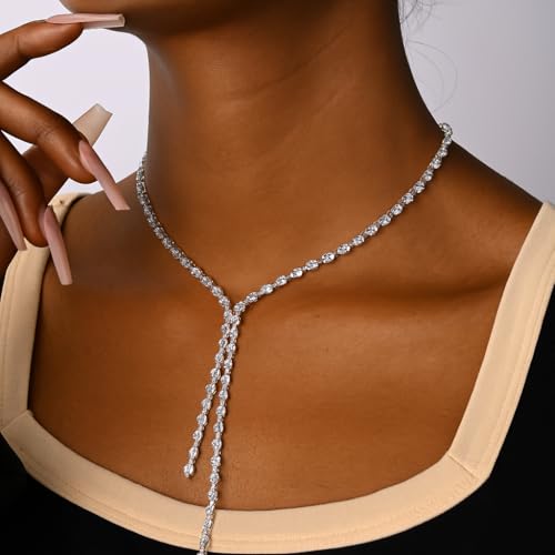 STONEFANS Long Tennis Necklaces for Women - Dainty Silver Lariat Necklace Rhinestone Y Shaped Drop Necklace Cute Choker Necklaces for Women Trendy Silver Prom Jewelry Gifts2