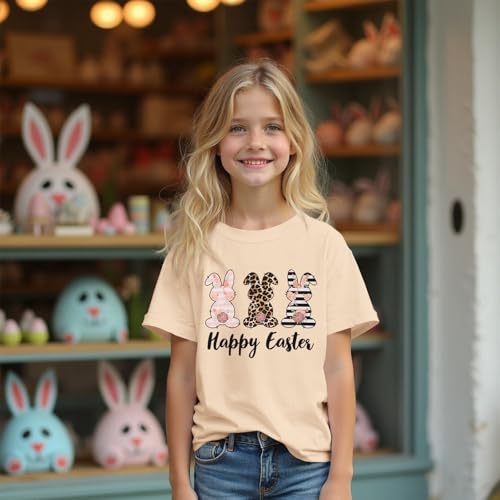 MODNTOGA Girls Happy Easter Shirt Big Kids Easter Outfit Leopard Bunny Graphic T-Shirt Cute Rabbit Print Short Sleeve Tee Top3