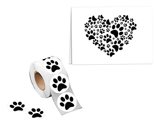 Paw Print Heart Note Cards Stationary w/Paw Print Round Stickers for Pet Parents, Animal Lovers, Animal Rescue & More! (12 Pack Cards w/ 1 Roll of Stickers)