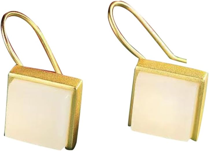 S925 Silver And Gold Plated With Natural White Jade Square Earrings for Women Yoga Genuine 3