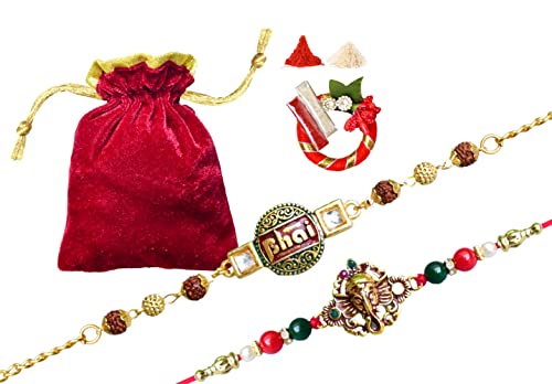 Juego de 2 pulseras Rakhi para hermano Bhaiya Bhabhi Bhatija Raksha Bandhan de regalo con hilo Rakhi Rakhi con tarjeta de felicitación, paquete de regalo en bolsa/bolsa Potli (Ganesh y Bhai Combo) Cover
