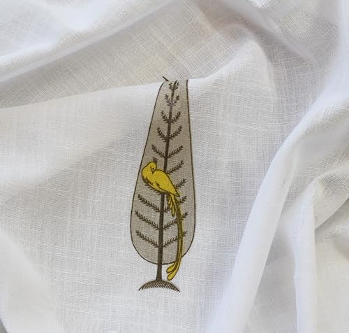 Image of Tranquebar Curtain Co. Sheer Curtains 7 Feet Long Set of 2, Linen Textured Sheer Fabric, 20-30% Light Filtering, Yellow Bird Print, White Sheer Curtains 7 Feet, BackTabs, Tori (213 cm) - Set of 2
