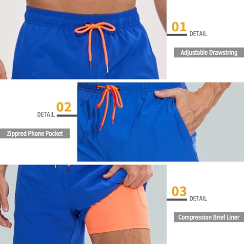 Image of Mens Swim Trunks Compression Liner No Mesh Swimming Trunks Men Swimwear Quick Dry Above Knee Zipper Pocket Swim Shorts