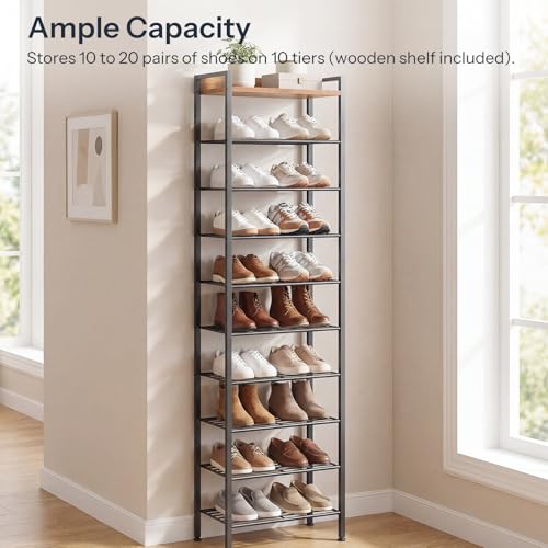 Image of HOOBRO 10 Tier Shoe Rack Organizer with Wooden Top, Narrow Shoe Storage Shelf for 10-18 Pairs, Tall Metal Shoe Rack for Closet Entryway, Hallway, Bedroom, Space Saving, Rustic Brown BF11XJ01