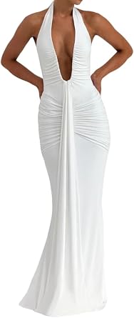 meilun Rosetta Maxi Dress Hanging Neck Deep V Waist Long Backless Fluttering Fishtail Dresses