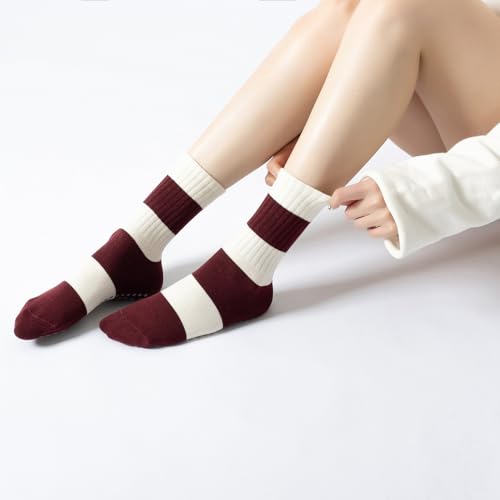 Yoga Pilates Socks with Grips for Women Non Slip Striped Cushioned Crew Socks for Barre Ballet Dance4