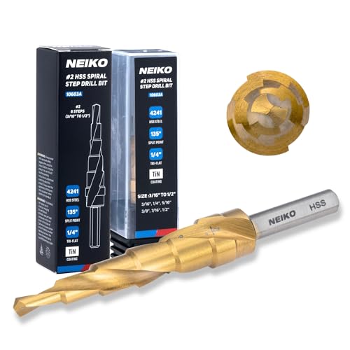 Image of NEIKO 10603A Step Drill Bit, 6 Steps 3 /16 inch to 1 /2 inch Spiral High Speed Steel, Titanium Nitride Coated, 1 /4 inch Tri Flat Step Bits for Steel, Metal, Wood, Plastic, Unibit Cone Drill Bits, Two Flute
