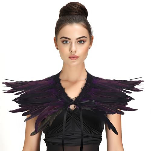JEGERMIG Chal gótico de plumas negras, disfraz victoriano, para Halloween, cosplay, cuello de encaje, Dcym-ls-púrpura, UMama-Talla