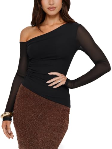 PINKMSTYLE Womens Mesh Asymmetrical Long Sleeve Off Shoulder Going Out Tops - image 1