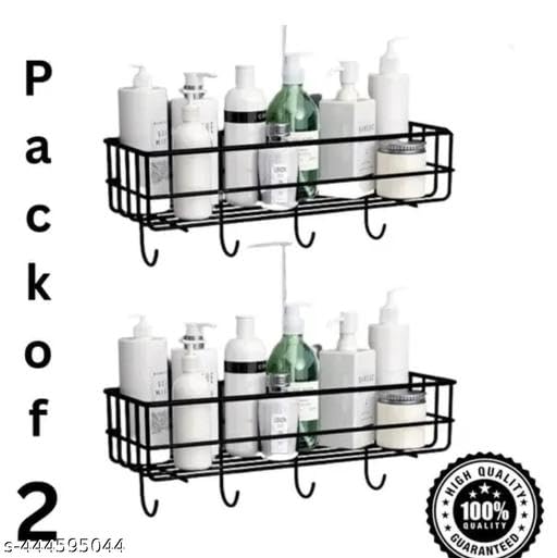 (Pack of 2) Steel Self-Adhesive Multipurpose Bathroom Shelf with Hooks/Towel Holder/Rack/Bathroom Accessories-Wall Mount - Pack of 2 (Black,Powder Coated) 3
