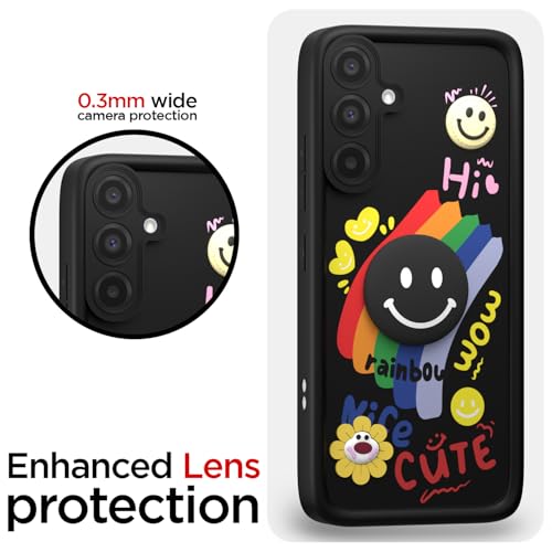 Image of Pikkme Back Cover for Samsung Galaxy A56 5G | Soft Silicone| Cute Rainbow Smile & 3D Cartoon Flower Design | Shockproof Raised Camera Protection Bumper Case (Black)