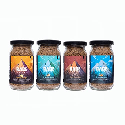 Rage Coffee Combo Pack of 4 – Irish Hazelnut & Dark Chocolate & Creme Caramel & Sparky Orange Flavoured Coffee 50 Gms Each
