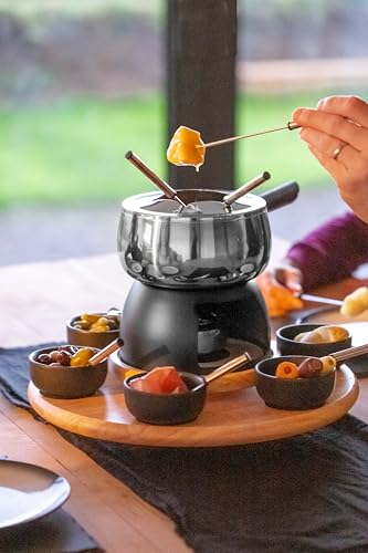 Foto von Artesà Fondue-Set mit Lazy Susan Drehteller, Edelstahl-Fondue-Topf mit Brenner, Dippschalen und Zubehör, 22-teilig, schwarz