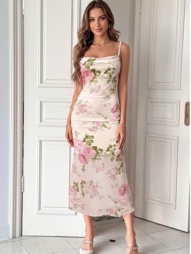Image of Womens Summer Dress 2026 Spring Mesh Sleeveless Bodycon Ruched Floral Holiday Maxi Long Dresses