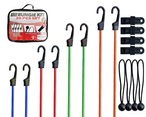 Bungee Cords With Hooks - 26Pc Heavy Duty Assortment With Storage Case, Canopy Ties & Ball Bungees Bungie Cord Set #TOP1