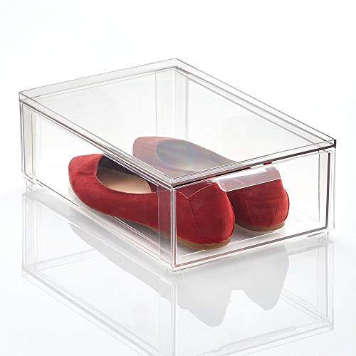 mDesign Caja de plástico Transparente – Organizador de armarios apilable Plano con cajón extraíble – Caja para Guardar Zapatos, Accesorios y Otros Objetos – Transparente