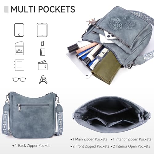 Image of Medium Crossbody Bags for Women,Vegan Leather Hobo Purses Embossed | Women's Shoulder Handbags with Adjustable Boho Strap for Daily Travel Lightweight Cross body Purses with Multi Pockets