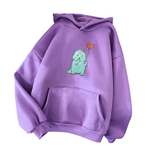 Kawaii Dinosaurier Hoodie für Damen Teenager Mädchen Kapuzenpullover Herbst Winter Warme Pulli Casual Cute Dino Langarm Sweatshirt Langarmshirt Pullover mit Kapuze (#01D-Purple, L) Cover