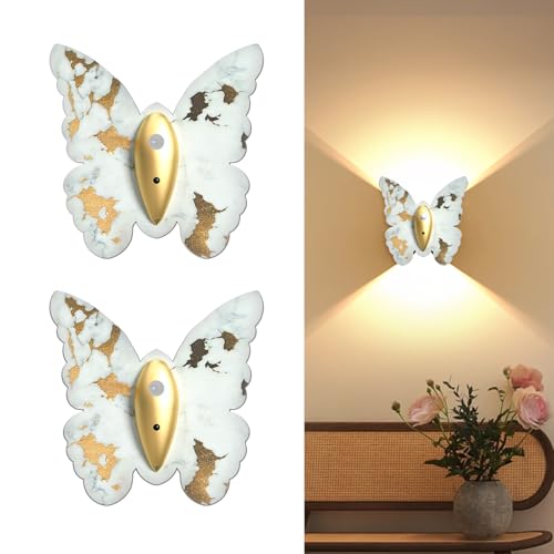 Image of Eneru Motion Sensor Wall Sconce Set of 2, Rechargeable Wall Lights, Indoor | 5000mAh Battery Operated Wall Sconces, Magnetic Butterfly Motion Night Light for Hallway Stair Closet Pantry, White & Gold