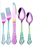 XLANDALYUEFA Juego de vajilla, Juego Cubiertos Plata, Acero Inoxidable 5 Piezas, Relieve Retro, Principales for 1 Persona, Cuchillo for Carne, Tenedor y Cuchara(Rainbow)