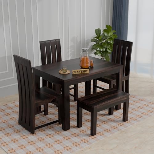 Image of 45 Inches Length Solid Sheesham Wood 4 Seater Dining Table Set | Four Seater Dinner Table with with 3 High Chairs & 1 Bench | Dinning Table Set 4 Seater for Living Room| Walnut Finish