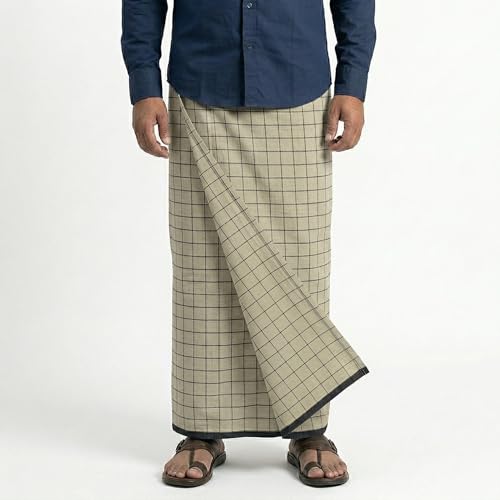 Image of Premium Pure Cotton Lungi for Men 1.98 x 1.28 Meters | Khaki Checkered Dhoti, Handwoven Ethnic Wear, Traditional Cotton Mundu, Hem-Stitched Single Lung, Comfortable Daily Use