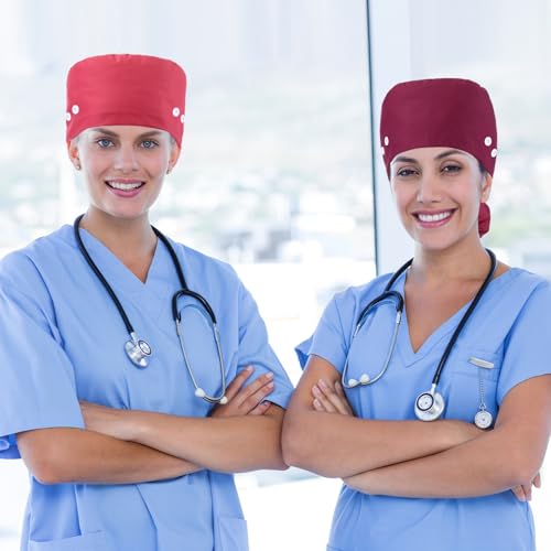 Image of 8 Pcs Satin Lined Scrub Caps, Nurse Hats with Buttons Sweatband, Adjustable Ponytail Surgical Caps for Women