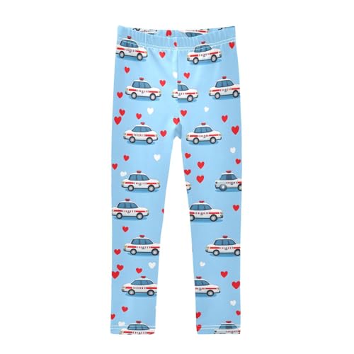 Cute Police Car Love Heart Girls Leggings Ultra Soft Compression Yoga Gym Pants for Kids 4-10T
