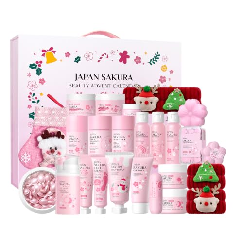 LAIKOU Japan Sakura Beauty Advent Calendar 2025, Christmas Gifts for Women, Skin Care Set, Bath Body Gift Set, New Year Skincare Beauty Gift Baskets, 24pcs Surprise Gift Box for Women and Girls