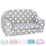 DELSIT Toddler Couch & Kids Sofa - European Made Children's 2 in 1 Flip Open Foam Double Sofa - Kids Folding Sofa, Kids Couch - Comfy fold Out Lounge (Gray with Stars)