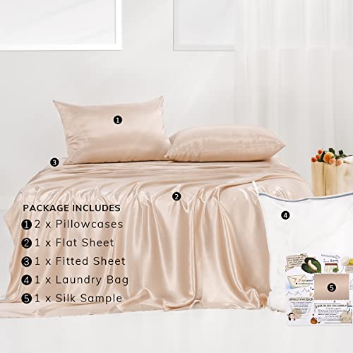 Promeed 23 Momme Silk Sheets King Set, Oeko Certified, Includes Flat Sheet, Deep Pocket Fitted Sheet And Pillowcases Mulberry Silk 4-Piece Bedding Set (Champagne, King) #TOP5