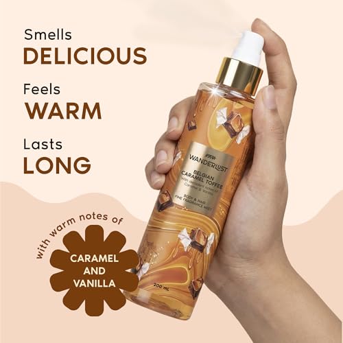 Image of Nykaa Wanderlust Belgian Caramel Toffee Body & Hair Fine Fragrance I Perfume Mist for Women - 200 ml I Caramel & Vanilla | Long-Lasting, Travel‐Friendly, Vegan,Paraben‐Free, IFRA Certified